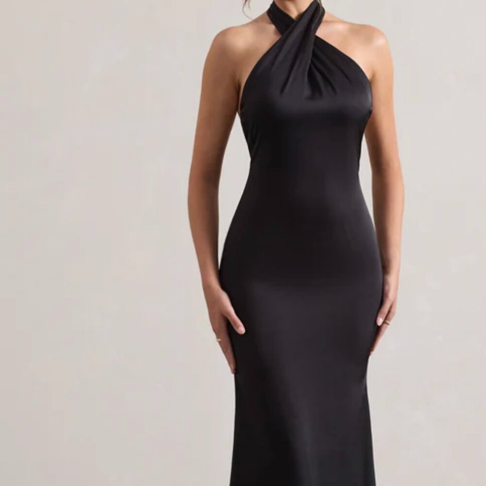 CLUB L LONDON BLACK SATIN CROSS OVER HALTER-NECK MAXI DRESS